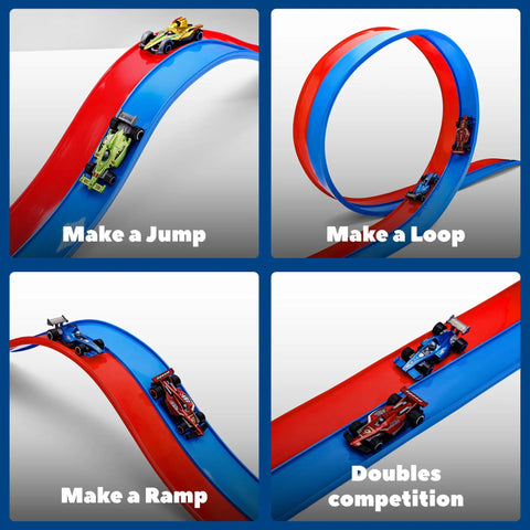Flexible Fifteen Foot Race Car Track Set For Kids with double-sided racetrack showing jumps, loops, and competition setups.