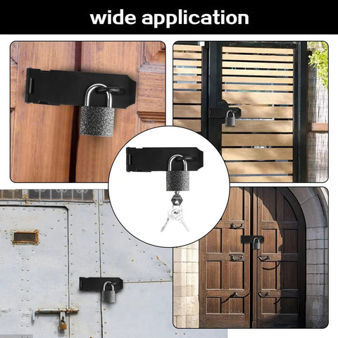 Rock Solid Five Inch Black Stainless Steel Padlock Hasp Door Latch Lock Built Different installed on various doors and gates.