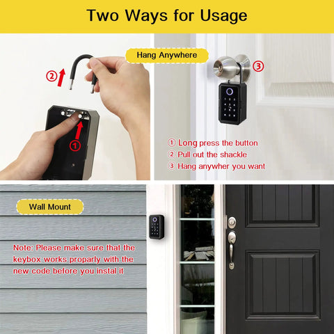 Two ways to mount Smart Fingerprint Key Lock Box With Bluetooth Access TTLock App, shown on door handle and wall mount.