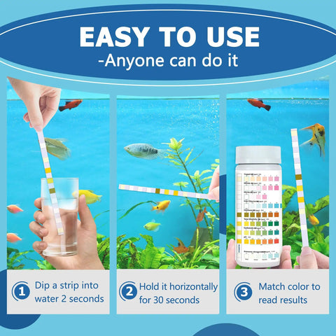 Legit 9 In 1 Aquarium Test Strips For Fish Tanks Testing Ammonia Ph Nitrate Chlorine Nitrite Hardness Alkalinity Copper, showing usage steps.