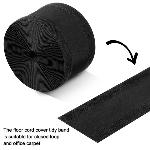Roll of black Floor Cord Protector For Carpet And Office Cables, Easy Cut Cable Cover, 4 inch wide, close-up of material texture.