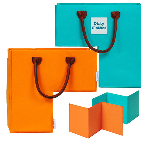 Grab-and-Go Staircase Storage Basket With Handles For Carpeted And Wooden Stairs in orange and teal, L shaped, 4mm felt