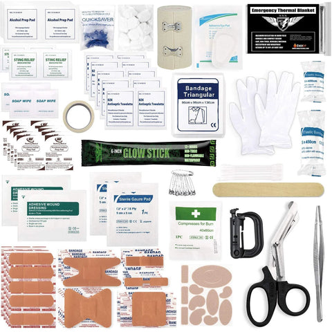 Front view of Everlit 180-piece tactical first aid kit contents with bandages, gauze, scissors, and gloves.