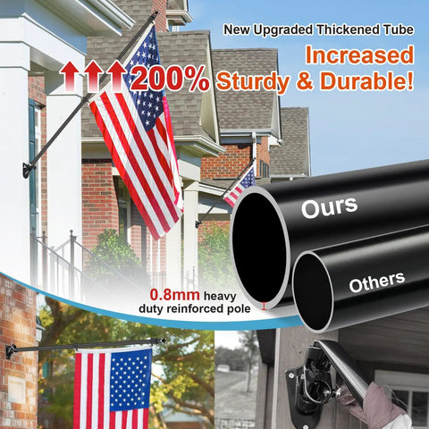 Flag Pole Kit For Outdoor Setup With 3x5 US Flag, 6-Foot Heavy Duty Aluminum Flagpole, Tangle Free 360 Degree Spinning Rings, 45 Degree And 90 Degree Holder, Aluminum Bracket Included, Perfect For Porch, Patio, Deck, Yard, Wall Or Brick, Black