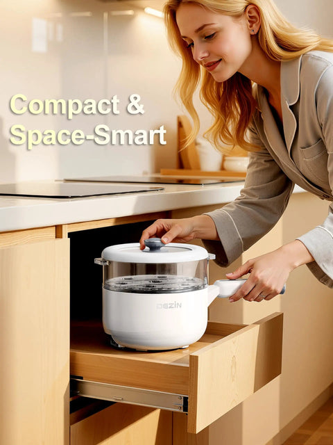 Woman placing Electric Hot Pot With Steamer 2L Nonstick Saute Pan 5 In 1 Cooker in kitchen drawer