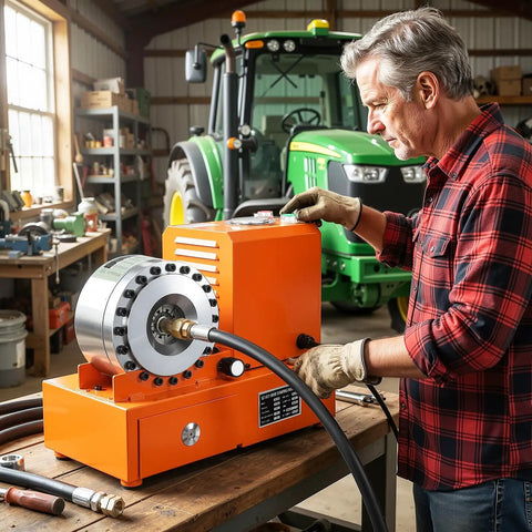 Man using Hot Shot Hydraulic Hose Crimper, Electric High Pressure Machine for hose assembly in workshop.