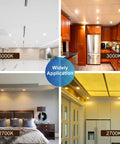 Four room settings featuring different lighting, showing 5000K, 3000K, and 2700K color temperatures for 12-Pack BR30 LED Recessed Light Bulbs.