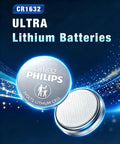 Heavy Duty Cr1632 3V Lithium Coin Cell Battery Five Pack With Ten Year Shelf Life And Child Safe Packaging For Car Remotes Fitness Trackers And Smart Gadgets. Two CR1632 batteries shown.