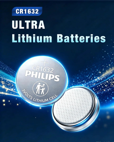 Heavy Duty Cr1632 3V Lithium Coin Cell Battery Five Pack With Ten Year Shelf Life And Child Safe Packaging For Car Remotes Fitness Trackers And Smart Gadgets. Two CR1632 batteries shown.