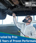 Technician applying rust converter and metal primer on vehicle undercarriage. Rust Converter And Metal Primer In One Step That Stops And Prevents Corrosion On Metal For Cars Trucks Trailers Marine And Industrial Equipment 1 Gallon Water Based Non Flammable Easy To Apply Pro Grade Rust Inhibitor.