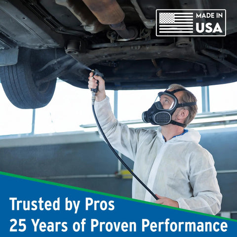 Technician applying rust converter and metal primer under a vehicle, showcasing use for cars and trucks, made in USA.