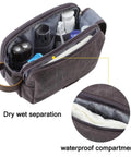 Canvas Travel Toiletry Bag For Men With Elastic Band Dopp Kit Water Resistant Organizer, open view showing compartments and zippers.