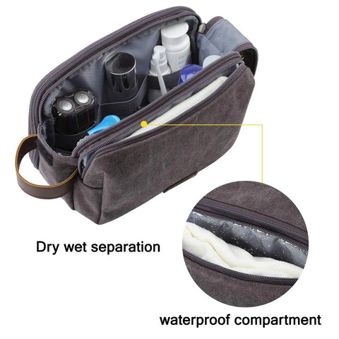 Canvas Travel Toiletry Bag For Men With Elastic Band Dopp Kit Water Resistant Organizer, open view showing compartments and zippers.