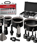 Heavy Duty 14 Piece Diamond Core Drill Bit And Hole Saw Kit With Quick Drop Core Extractor For Concrete Masonry Work includes various saw blades.
