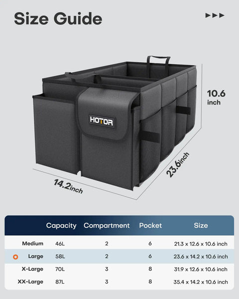 Foldable Trunk Organizer For SUVs And Sedans, Sturdy Car Storage With Two Big Compartments And Six Mesh Pockets, Black, 23.6 X 14.2 X 10.6 Inches