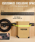 5 Foot E Track Tie Down Rail Kit With 18 Pieces mounted on wall with wheel and box secured, illustrating heavy duty use.