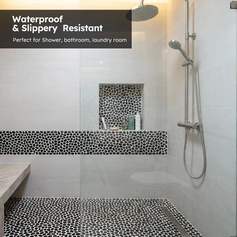 Bathroom shower featuring Black Oval Pebble Tile Kit for Shower Floor and Backsplash, 5 Sheets, Pebble Mosaic, mesh backing.