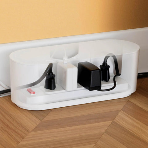 Large White Cable Management Box For Power Strips And Cords, Floor Outlet Hideaway on wooden floor with cords organized inside