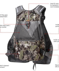 Grunge camo Adjustable Straps Fishing Vest with Padded Air Mesh Back and Shoulders, front view showing pockets and straps.