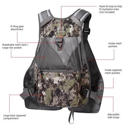 Grunge camo Adjustable Straps Fishing Vest with Padded Air Mesh Back and Shoulders, front view showing pockets and straps.