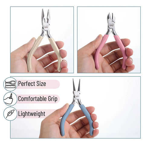 Three Piece Jewelry Pliers Set With Needle Nose Round Nose And Side Cutter For Beading Wire Wrapping Jump Rings And Jewelry Repair Ideal DIY Craft Tool Kit For Makers And Hobbyists, each plier shown with different colored grips in hand.