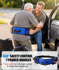 Caregiver using 7 Handle Gait Belt For Seniors 59 Inch With No Slip Padding For Easy Grip Quick Release Buckle 360 Degree Control Safe Transfer Aid For Standing And Caregiver Assistance, blue.