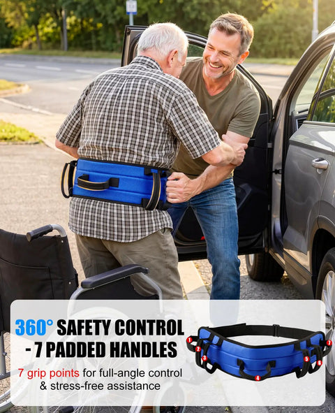 Caregiver using 7 Handle Gait Belt For Seniors 59 Inch With No Slip Padding For Easy Grip Quick Release Buckle 360 Degree Control Safe Transfer Aid For Standing And Caregiver Assistance, blue.