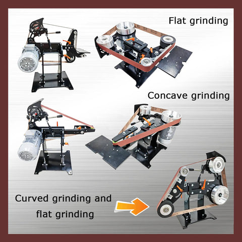 Heavy Duty Belt Sander Grinder With Variable Speed Setup And Real Deal Copper Motor, Knockout Bench Top Sander for Quick Deburring, packs three 1800mm belts, demonstrating flat and concave grinding.
