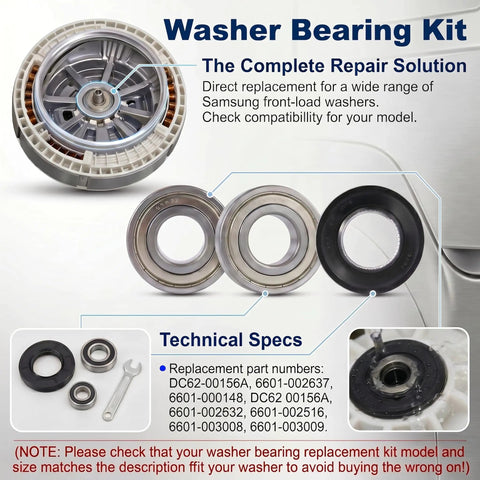 Top Tier Washer Bearing And Seal Replacement Kit with sealed steel cartridges and gasket for Samsung washers.