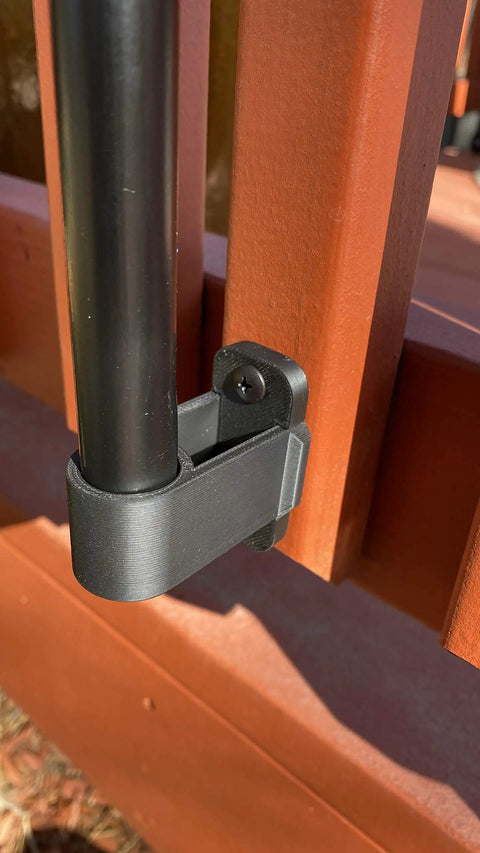 Tiki Torch Deck Or Fence Mount Kit Black For Three Quarter Inch And One Inch Poles installed on outdoor railing