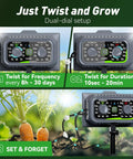 Solar Powered Drip Irrigation Kit With No Fuss Rechargeable USB C Power For Indoor And Outdoor Garden Use, Easy Setup Watering System With Dial Schedule For 10 To 20 Plants On Balcony, Patio, Grow Tent, Or Greenhouse featuring dual-dial setup with carrots.