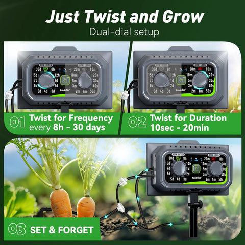 Solar Powered Drip Irrigation Kit With No Fuss Rechargeable USB C Power For Indoor And Outdoor Garden Use, Easy Setup Watering System With Dial Schedule For 10 To 20 Plants On Balcony, Patio, Grow Tent, Or Greenhouse featuring dual-dial setup with carrots.