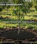 Tree with a 13 Piece Tree Ring Mulch Mat Set For Garden Root Barrier Weed Control Non Woven Black Landscape Rings installed at base.