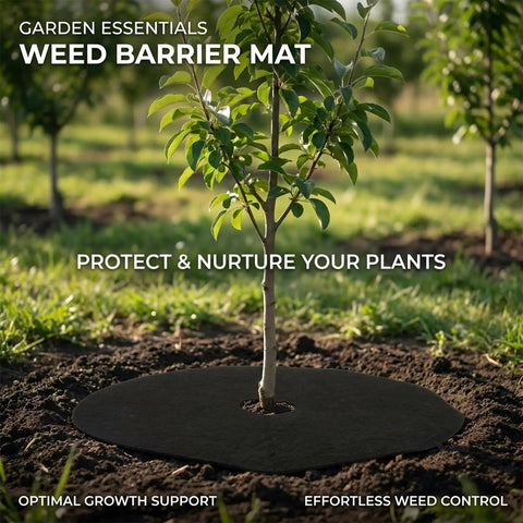 Tree with a 13 Piece Tree Ring Mulch Mat Set For Garden Root Barrier Weed Control Non Woven Black Landscape Rings installed at base.