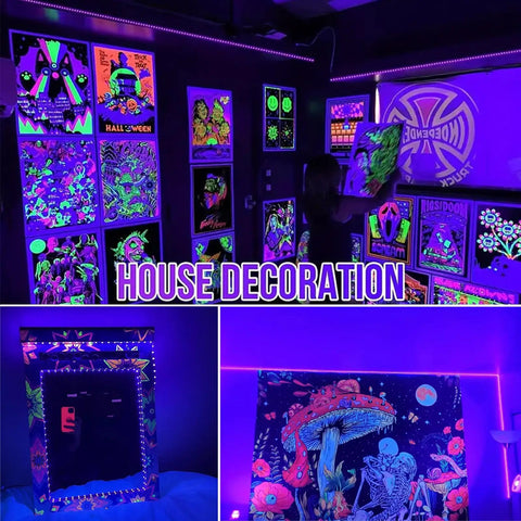 Room displaying 40ft Black Light Strip With 720 LEDs, Flexible Adhesive UV Glow Lit Neon Light For Halloween Parties And Displays