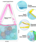 Colorful Mesh Beach Tote For Kids, Adjustable Quick Dry Net Bag For Seashell Collecting, showing pink and yellow straps, size and features