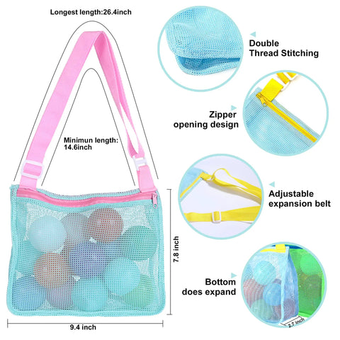 Colorful Mesh Beach Tote For Kids, Adjustable Quick Dry Net Bag For Seashell Collecting, showing pink and yellow straps, size and features