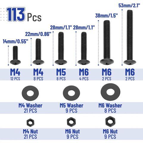 Nuts And Bolts Assortment Kit 113 Pieces Galvanized Iron Hardware Set For Home DIY Projects showing bolt sizes and quantities.