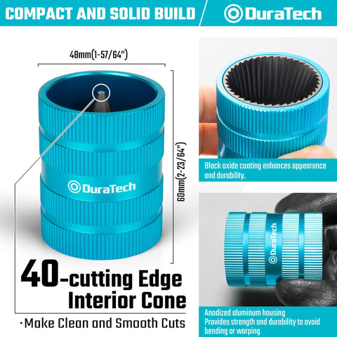 DuraTech blue aluminum inner/outer tubing and pipe reamer with 40-cutting-edge interior cone