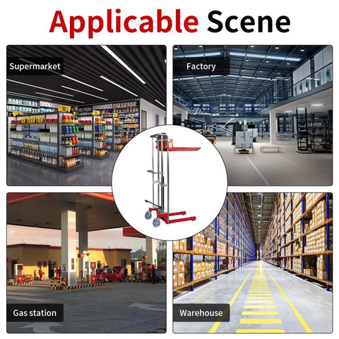 Heavy Duty Manual Hydraulic Pedal Driven Stacker Lift Truck With Robust Forks For 800 Lbs Warehouse Pallet Moving And Stacking Jobs in various environments.