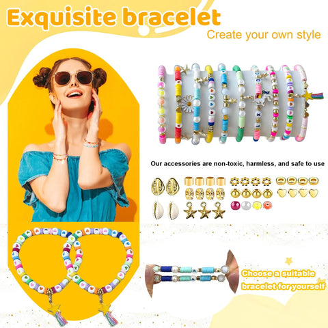 Friendship Bracelet Kit With 5200 Pieces Beads And Charms For Beginners, featuring colorful bracelets and charms display.