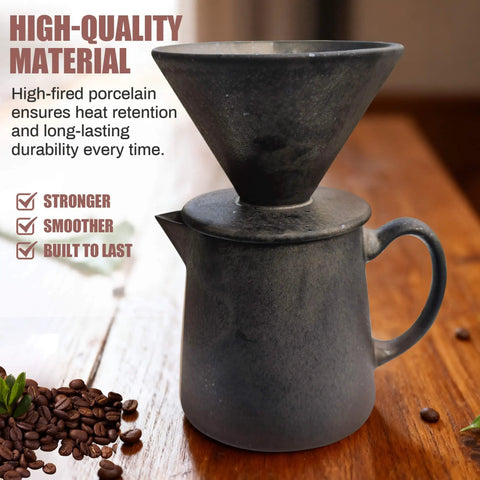 Real Heavy Duty Ceramic Pour Over Coffee Dripper Fits Standard Number Two And Four Paper Filters 15 Ounce Size with sleek black design.