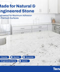 Dead Nuts Strong Transparent Polyester Mastic And Slick Knife Grade Stone Adhesive For Granite Marble Seam Glue Quick Set Resin Kit With Hardener Pro Grade Natural Stone Fabbing Solution on a polished countertop.