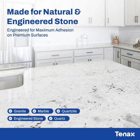 Dead Nuts Strong Transparent Polyester Mastic And Slick Knife Grade Stone Adhesive For Granite Marble Seam Glue Quick Set Resin Kit With Hardener Pro Grade Natural Stone Fabbing Solution on a polished countertop.