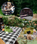 Elastic Edge Picnic Table Cover And Bench Covers Set For Outdoor Use Waterproof And Oil Resistant 96x30 Inch Table Cover And 96x12 Inch Bench Covers Black And White 3 Piece Kit For Camping Garden Patio shown on a picnic table with flowers and bottles, used in outdoor settings.