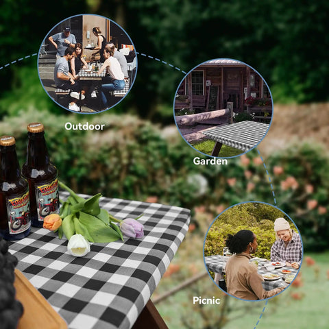 Elastic Edge Picnic Table Cover And Bench Covers Set For Outdoor Use Waterproof And Oil Resistant 96x30 Inch Table Cover And 96x12 Inch Bench Covers Black And White 3 Piece Kit For Camping Garden Patio shown on a picnic table with flowers and bottles, used in outdoor settings.