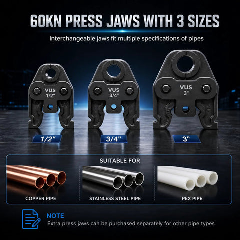 Aoknv 21V Electric Pipe Crimping Tool With Powerful 60KN Force For 1/2 And 3/4 Inch Tubing, featuring interchangeable 60KN press jaws.