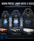 60kN press jaws for 1/2, 3/4, and 3 inch pipes, suitable for copper, stainless steel, and PEX for 21V Electric Copper Pipe Crimping Tool For 1/2 And 3/4 Inch Connections With High Pressure Press Performance Smooth Leak Proof Seals And Efficient Operation For Professional Plumbing Jobs And Diy Enthusiasts Looking For Reliable Crimping Power And.