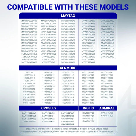 Compatible models chart for Washer Drain Pump Replacement Drop In W10276397 For Whirlpool Kenmore Maytag Laundry Machines
