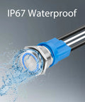LED Latching Push Button Switch 16mm Stainless Steel IP67 Waterproof 5-24V 20A 1NO With Wire Socket Plug Blue with water splash
